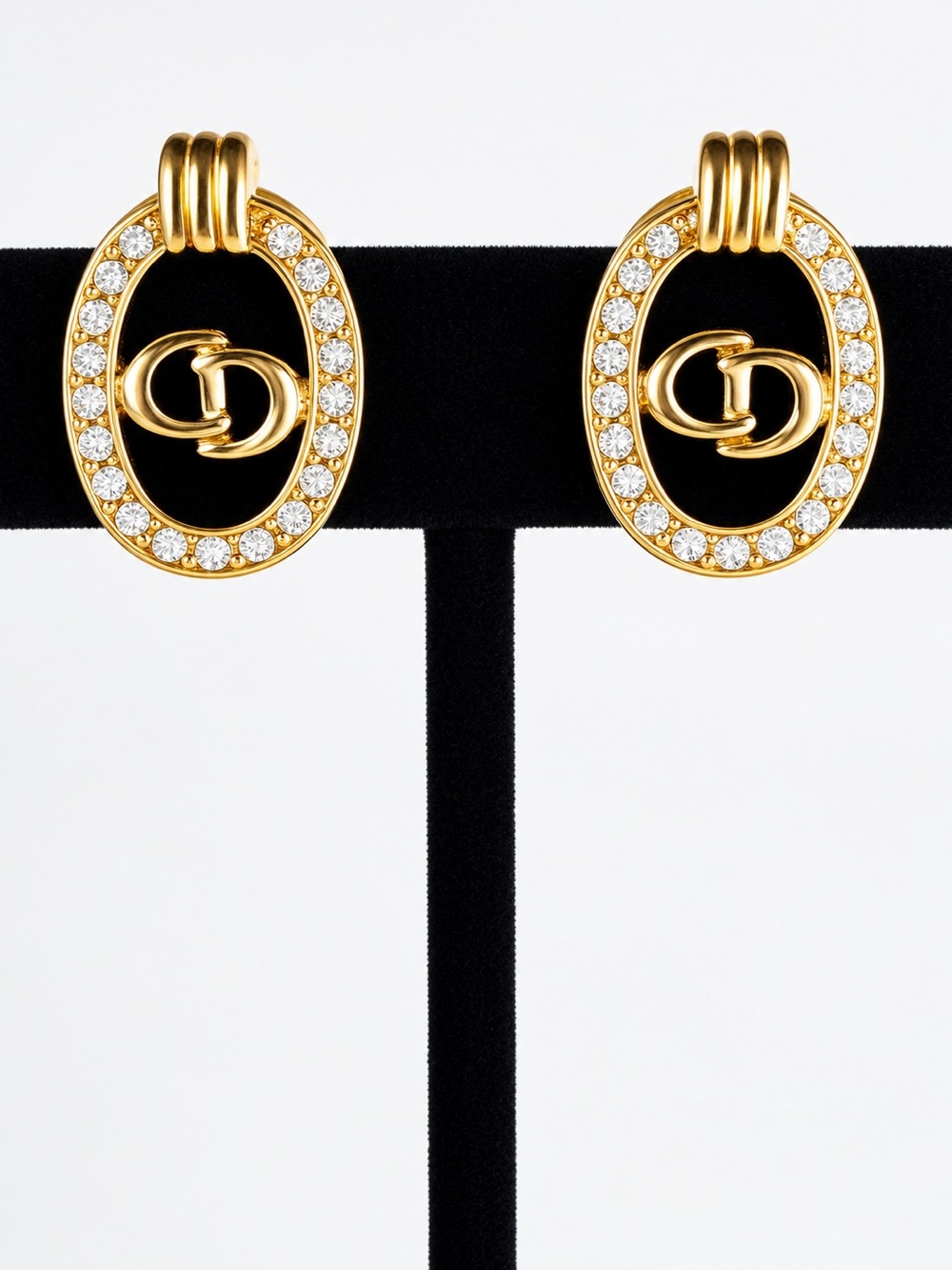 Vintage Christian Dior Rhinestone Oval CD Logo Clip On Earrings Germany Authenti